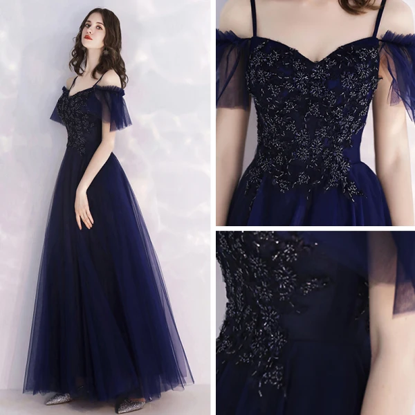 Abordable Bleu Marine Robe De Soirée 2019 Princesse Bretelles Spaghetti Manches Courtes Perlage Longue Volants Dos Nu Robe De Ceremonie