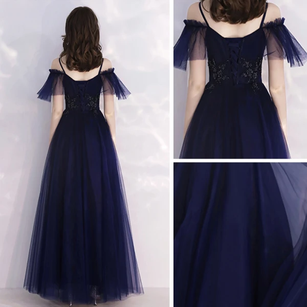 Abordable Bleu Marine Robe De Soirée 2019 Princesse Bretelles Spaghetti Manches Courtes Perlage Longue Volants Dos Nu Robe De Ceremonie