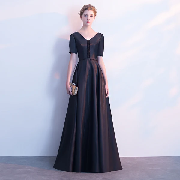Chic / Beautiful Black Satin Evening Dresses 2019 A-Line / Princess V-Neck Short Sleeve Sash Beading Floor-Length / Long Ruffle Backless Formal Dresses