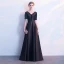 Chic / Beautiful Black Satin Evening Dresses  2019 A-Line / Princess V-Neck Short Sleeve Sash Beading Floor-Length / Long Ruffle Backless Formal Dresses