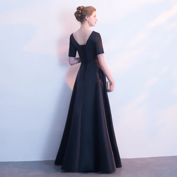 Chic / Beautiful Black Satin Evening Dresses 2019 A-Line / Princess V-Neck Short Sleeve Sash Beading Floor-Length / Long Ruffle Backless Formal Dresses