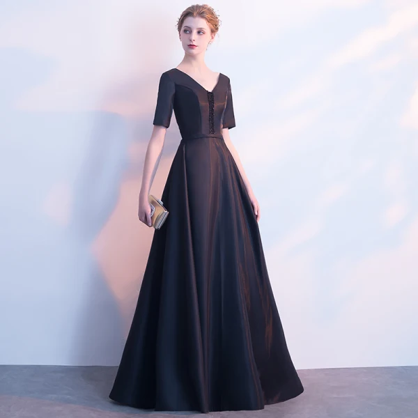 Chic / Beautiful Black Satin Evening Dresses 2019 A-Line / Princess V-Neck Short Sleeve Sash Beading Floor-Length / Long Ruffle Backless Formal Dresses