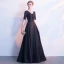 Chic / Beautiful Black Satin Evening Dresses  2019 A-Line / Princess V-Neck Short Sleeve Sash Beading Floor-Length / Long Ruffle Backless Formal Dresses
