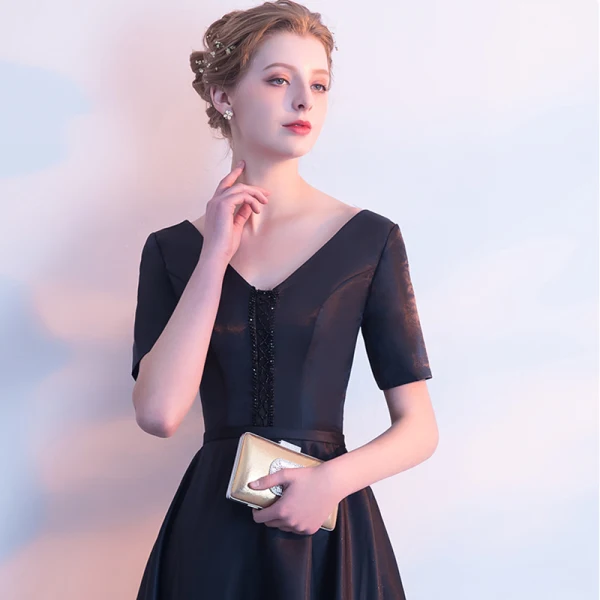 Chic / Beautiful Black Satin Evening Dresses 2019 A-Line / Princess V-Neck Short Sleeve Sash Beading Floor-Length / Long Ruffle Backless Formal Dresses