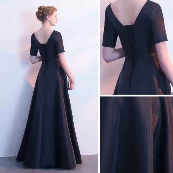 Chic / Beautiful Black Satin Evening Dresses 2019 A-Line / Princess V-Neck Short Sleeve Sash Beading Floor-Length / Long Ruffle Backless Formal Dresses