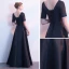 Chic / Beautiful Black Satin Evening Dresses  2019 A-Line / Princess V-Neck Short Sleeve Sash Beading Floor-Length / Long Ruffle Backless Formal Dresses