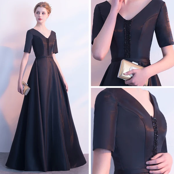 Chic / Beautiful Black Satin Evening Dresses 2019 A-Line / Princess V-Neck Short Sleeve Sash Beading Floor-Length / Long Ruffle Backless Formal Dresses