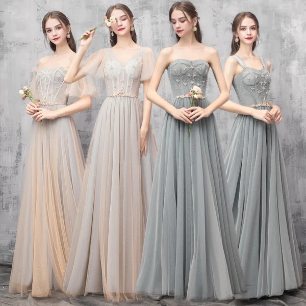 Elegante Champagner Grün Brautjungfernkleider 2019 A Linie Perlenstickerei Lange Rüschen Rückenfreies Kleider Für Hochzeit