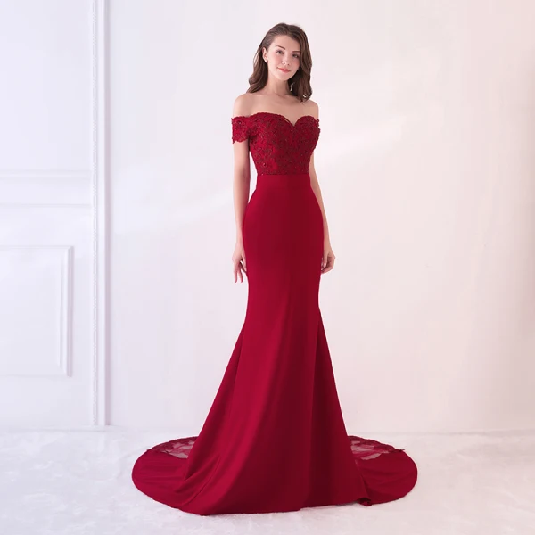 Elegant Navy Blue Evening Dresses 2019 Trumpet / Mermaid Off-The-Shoulder Short Sleeve Appliques Formal Dresses Backless Beading Lace Ruffle Court Train Charmeuse