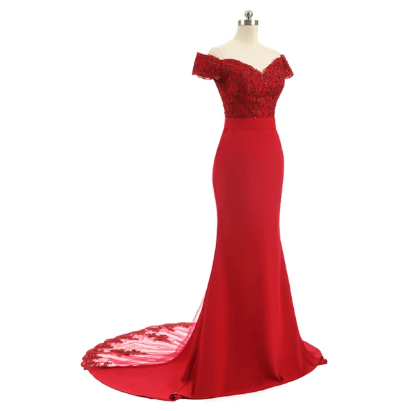 Elegant Navy Blue Evening Dresses 2019 Trumpet / Mermaid Off-The-Shoulder Short Sleeve Appliques Formal Dresses Backless Beading Lace Ruffle Court Train Charmeuse