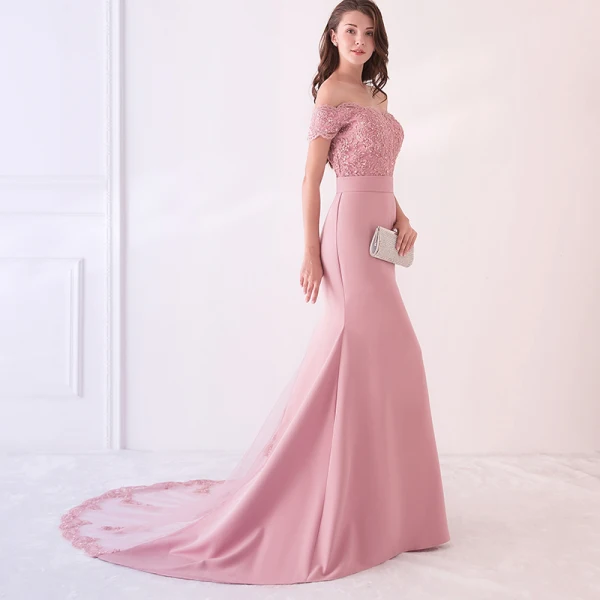 Elegant Navy Blue Evening Dresses 2019 Trumpet / Mermaid Off-The-Shoulder Short Sleeve Appliques Formal Dresses Backless Beading Lace Ruffle Court Train Charmeuse
