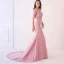 Elegant Navy Blue Evening Dresses  2019 Trumpet / Mermaid Off-The-Shoulder Short Sleeve Appliques Formal Dresses Backless Beading Lace Ruffle Court Train Charmeuse