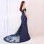 Elegant Navy Blue Evening Dresses  2019 Trumpet / Mermaid Off-The-Shoulder Short Sleeve Appliques Formal Dresses Backless Beading Lace Ruffle Court Train Charmeuse