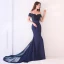 Elegant Navy Blue Evening Dresses  2019 Trumpet / Mermaid Off-The-Shoulder Short Sleeve Appliques Formal Dresses Backless Beading Lace Ruffle Court Train Charmeuse