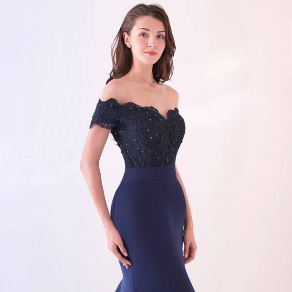 Elegant Navy Blue Evening Dresses 2019 Trumpet / Mermaid Off-The-Shoulder Short Sleeve Appliques Formal Dresses Backless Beading Lace Ruffle Court Train Charmeuse