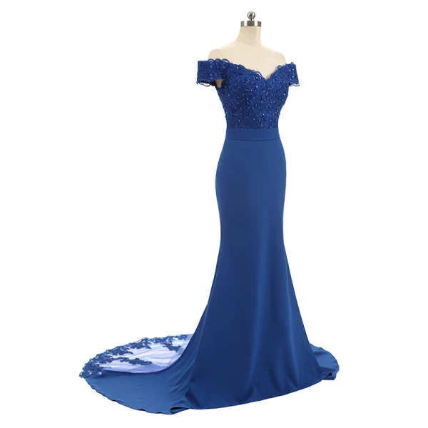 Elegant Navy Blue Evening Dresses 2019 Trumpet / Mermaid Off-The-Shoulder Short Sleeve Appliques Formal Dresses Backless Beading Lace Ruffle Court Train Charmeuse