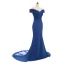 Elegant Navy Blue Evening Dresses  2019 Trumpet / Mermaid Off-The-Shoulder Short Sleeve Appliques Formal Dresses Backless Beading Lace Ruffle Court Train Charmeuse