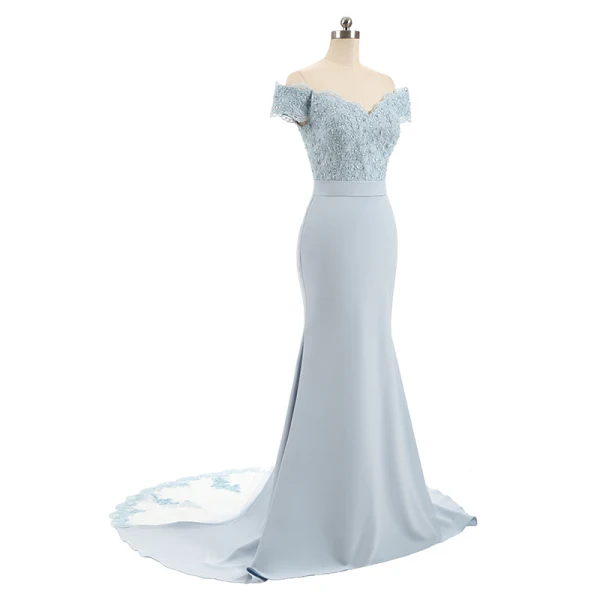 Elegant Navy Blue Evening Dresses 2019 Trumpet / Mermaid Off-The-Shoulder Short Sleeve Appliques Formal Dresses Backless Beading Lace Ruffle Court Train Charmeuse