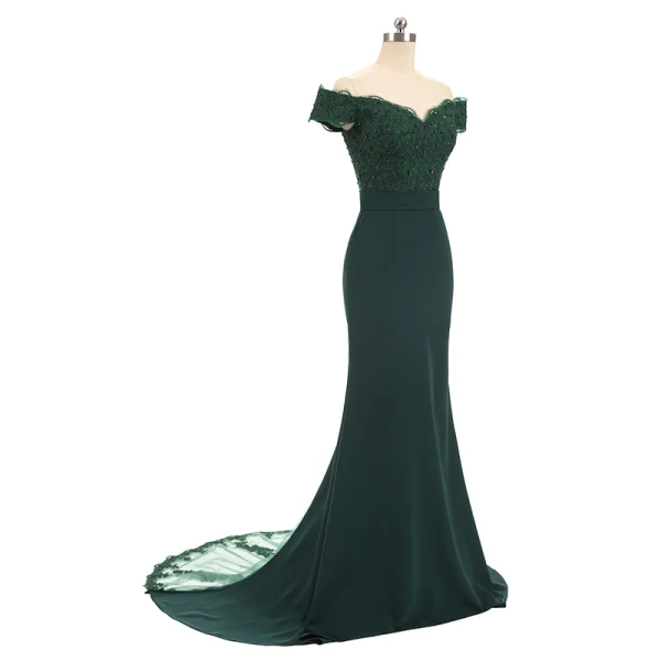 Elegant Navy Blue Evening Dresses 2019 Trumpet / Mermaid Off-The-Shoulder Short Sleeve Appliques Formal Dresses Backless Beading Lace Ruffle Court Train Charmeuse