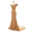 Elegant Navy Blue Evening Dresses  2019 Trumpet / Mermaid Off-The-Shoulder Short Sleeve Appliques Formal Dresses Backless Beading Lace Ruffle Court Train Charmeuse