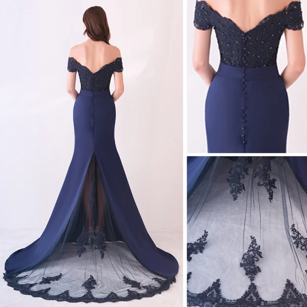 Elegant Navy Blue Evening Dresses 2019 Trumpet / Mermaid Off-The-Shoulder Short Sleeve Appliques Formal Dresses Backless Beading Lace Ruffle Court Train Charmeuse
