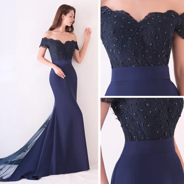 Elegant Navy Blue Evening Dresses 2019 Trumpet / Mermaid Off-The-Shoulder Short Sleeve Appliques Formal Dresses Backless Beading Lace Ruffle Court Train Charmeuse