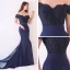 Elegant Navy Blue Evening Dresses  2019 Trumpet / Mermaid Off-The-Shoulder Short Sleeve Appliques Formal Dresses Backless Beading Lace Ruffle Court Train Charmeuse