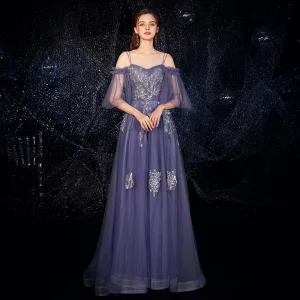 Élégant Océan Bleu Robe De Soirée 2019 Princesse Bretelles Spaghetti Manches De Cloche Appliques En Dentelle Perlage Longue Dos Nu Volants Robe De Ceremonie