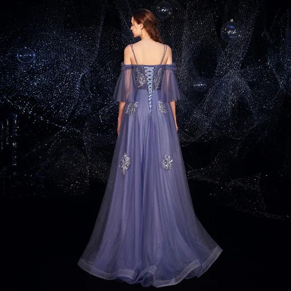 Elegant Ocean Blue Evening Dresses 2019 A-Line / Princess Spaghetti Straps Bell sleeves Appliques Lace Beading Floor-Length / Long Backless Ruffle Formal Dresses
