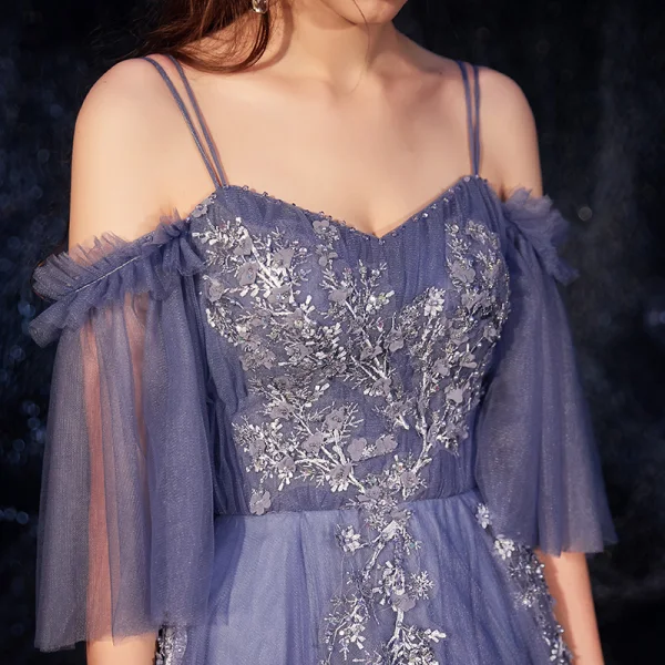 Elegant Ocean Blue Evening Dresses 2019 A-Line / Princess Spaghetti Straps Bell sleeves Appliques Lace Beading Floor-Length / Long Backless Ruffle Formal Dresses