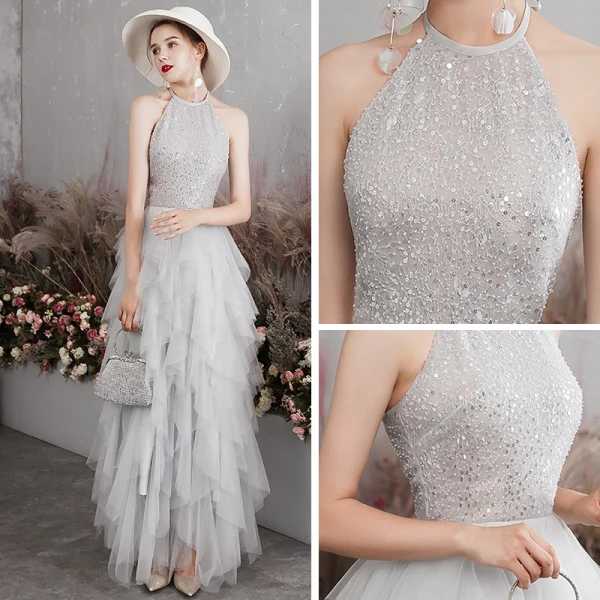 Elegancka Szary Sukienki Wieczorowe 2019 Princessa Posiadacz Bez Rękawów Cekiny Długie Kaskadowe Falbany Bez Pleców Sukienki Wizytowe