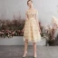 Charmant Champagne Robe De Bal 2019 Princesse Transparentes Col v profond Manches Courtes Paillettes Fleur Courte Volants en Cascade Dos Nu Robe De Ceremonie