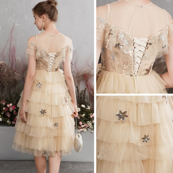 Charmant Champagne Robe De Bal 2019 Princesse Transparentes Col v profond Manches Courtes Paillettes Fleur Courte Volants en Cascade Dos Nu Robe De Ceremonie