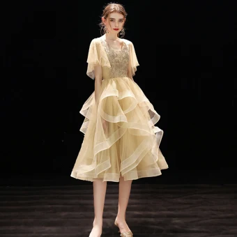 Chic Beautiful Champagne Homecoming Graduation Dresses 2019 A Line Princess V Neck Short Sleeve Beading Tea Length Cascading Ruffles Backless Formal Dresses