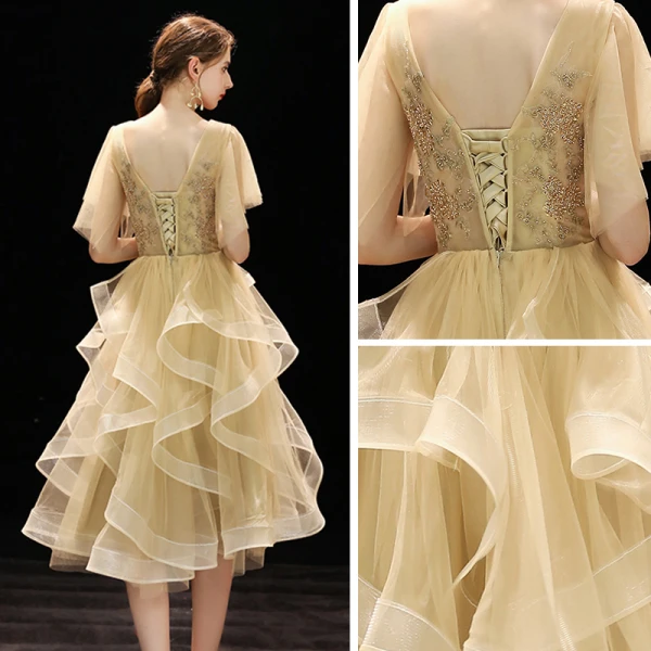 Chic / Belle Champagne de retour Robe De Graduation 2019 Princesse V-Cou Manches Courtes Perlage Thé Longueur Volants en Cascade Dos Nu Robe De Ceremonie
