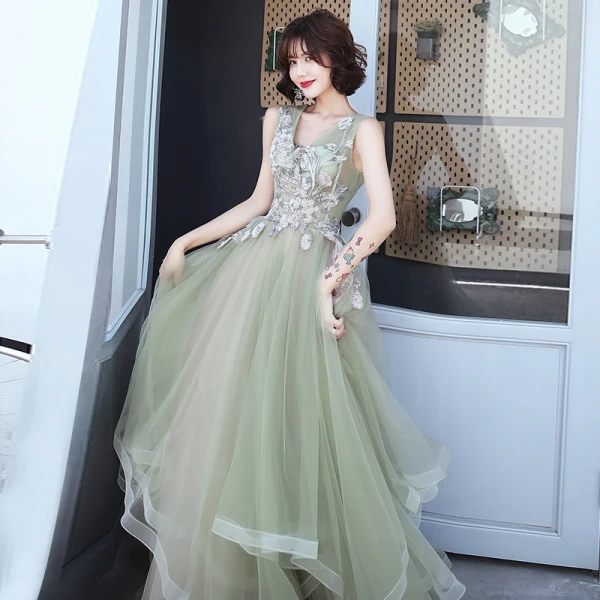 Élégant Vert Robe De Soirée 2019 Princesse V-Cou Sans Manches Appliques En Dentelle Perlage Longue Volants en Cascade Dos Nu Robe De Ceremonie
