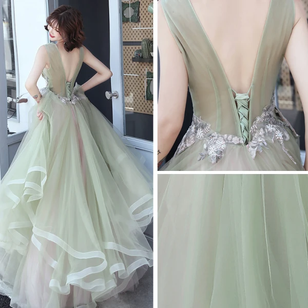 Élégant Vert Robe De Soirée 2019 Princesse V-Cou Sans Manches Appliques En Dentelle Perlage Longue Volants en Cascade Dos Nu Robe De Ceremonie