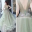 Élégant Vert Robe De Soirée 2019 Princesse V-Cou Sans Manches Appliques En Dentelle Perlage Longue Volants en Cascade Dos Nu Robe De Ceremonie