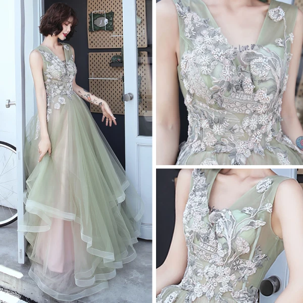Élégant Vert Robe De Soirée 2019 Princesse V-Cou Sans Manches Appliques En Dentelle Perlage Longue Volants en Cascade Dos Nu Robe De Ceremonie