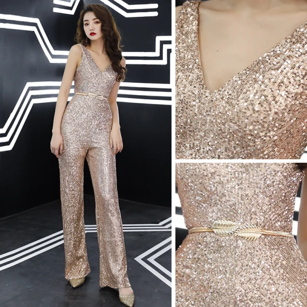 Scintillantes Or Rose Paillettes Combinaison 2019 V-Cou Sans Manches Métal Ceinture Longue Dos Nu Robe De Soirée