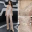 Scintillantes Or Rose Paillettes Combinaison 2019 V-Cou Sans Manches Métal Ceinture Longue Dos Nu Robe De Soirée