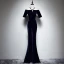 Chic / Beautiful Navy Blue Suede See-through Evening Dresses  2019 Trumpet / Mermaid Scoop Neck Short Sleeve Rhinestone Floor-Length / Long Formal Dresses