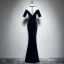 Chic / Beautiful Navy Blue Suede See-through Evening Dresses  2019 Trumpet / Mermaid Scoop Neck Short Sleeve Rhinestone Floor-Length / Long Formal Dresses