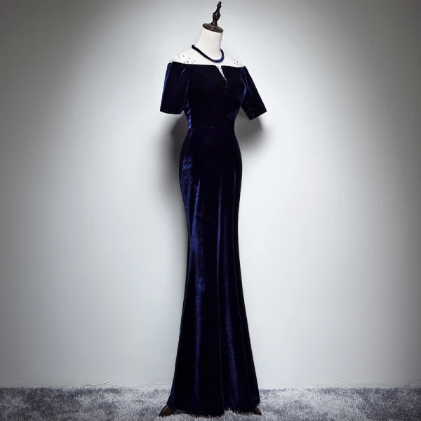 Chic / Beautiful Navy Blue Suede See-through Evening Dresses 2019 Trumpet / Mermaid Scoop Neck Short Sleeve Rhinestone Floor-Length / Long Formal Dresses