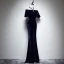 Chic / Beautiful Navy Blue Suede See-through Evening Dresses  2019 Trumpet / Mermaid Scoop Neck Short Sleeve Rhinestone Floor-Length / Long Formal Dresses