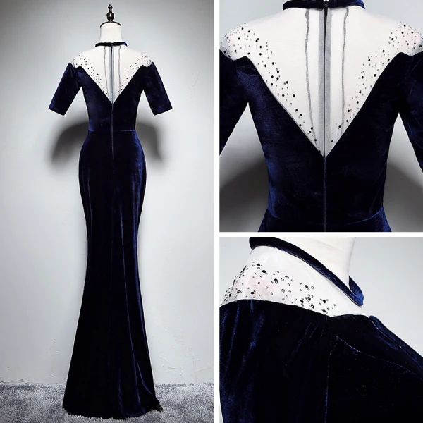 Chic / Beautiful Navy Blue Suede See-through Evening Dresses 2019 Trumpet / Mermaid Scoop Neck Short Sleeve Rhinestone Floor-Length / Long Formal Dresses
