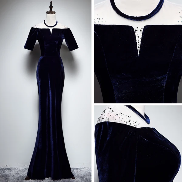 Chic / Beautiful Navy Blue Suede See-through Evening Dresses 2019 Trumpet / Mermaid Scoop Neck Short Sleeve Rhinestone Floor-Length / Long Formal Dresses