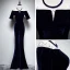 Chic / Beautiful Navy Blue Suede See-through Evening Dresses  2019 Trumpet / Mermaid Scoop Neck Short Sleeve Rhinestone Floor-Length / Long Formal Dresses