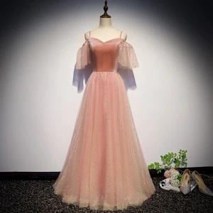 Chic Beautiful Pearl Pink Evening Dresses 2019 A Line Princess Spaghetti Straps Short Sleeve Glitter Tulle Floor Length Long Ruffle Backless Formal Dresses