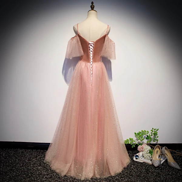 Chic / Beautiful Pearl Pink Evening Dresses 2019 A-Line / Princess Spaghetti Straps Short Sleeve Glitter Tulle Floor-Length / Long Ruffle Backless Formal Dresses